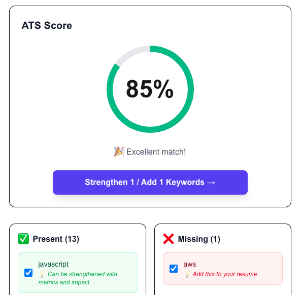 ATS Score Example showing 85% match with keyword analysis